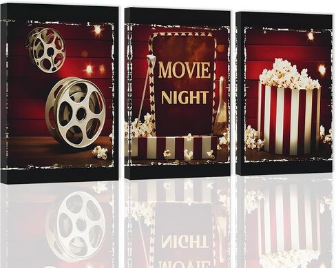 ZXHYWYM Wall Art 3 Piece Movie Sign Canvas Print Black and Red Popcorn Painting Modern Home Theater Room Media Cinema Wall Decor Frame (11"x14"x3) in Saudi Arabia
