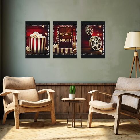 ZXHYWYM Wall Art 3 Piece Movie Sign Canvas Print Black and Red Popcorn Painting Modern Home Theater Room Media Cinema Wall Decor Frame (11"x14"x3) in Saudi Arabia