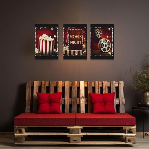 ZXHYWYM Wall Art 3 Piece Movie Sign Canvas Print Black and Red Popcorn Painting Modern Home Theater Room Media Cinema Wall Decor Frame (11"x14"x3) in Saudi Arabia