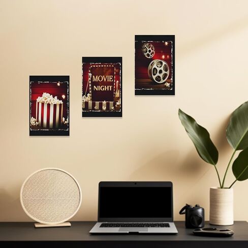 ZXHYWYM Wall Art 3 Piece Movie Sign Canvas Print Black and Red Popcorn Painting Modern Home Theater Room Media Cinema Wall Decor Frame (11"x14"x3) in Saudi Arabia
