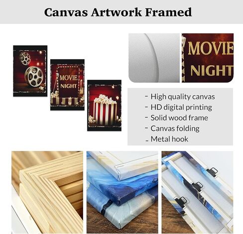 ZXHYWYM Wall Art 3 Piece Movie Sign Canvas Print Black and Red Popcorn Painting Modern Home Theater Room Media Cinema Wall Decor Frame (11"x14"x3) in Saudi Arabia