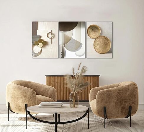 3 Pcs Abstract Gold Geometric Boho Canvas Wall Art Mid Century Modern Minimalist Aesthetic Luxury Metal Artwork Pictures Wall Decor Posters Prints for Living room Bedroom Office Home Decoration in Saudi Arabia