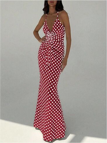 Verdusa Women's 3D Floral Polka Dots Maxi Dress Vintage Criss Cross Fishtail Cami Dresses in Saudi Arabia
