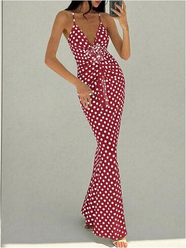 Verdusa Women's 3D Floral Polka Dots Maxi Dress Vintage Criss Cross Fishtail Cami Dresses in Saudi Arabia