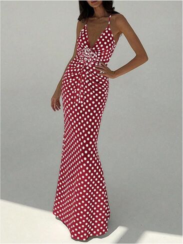 Verdusa Women's 3D Floral Polka Dots Maxi Dress Vintage Criss Cross Fishtail Cami Dresses in Saudi Arabia