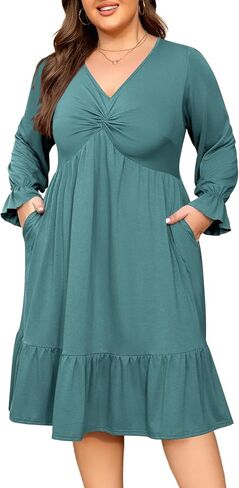 Women's Plus Size Dress Fall Casual Long Sleeve V Neck Twist Knot Front Flowy Midi Dress (XL-4XL) in Saudi Arabia