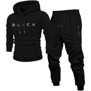 Black Athletic Tracksuit Set, Men's 2 Piece Hooded Sweatshirt and Jogger Pants, Casual Sport Workout Outfit in Saudi Arabia