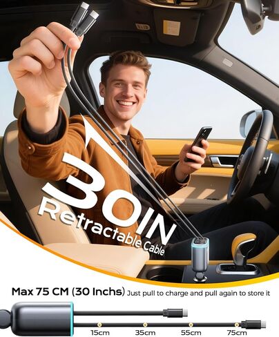 iPhone Car Charger, Retractable Fast USB C Phone Charger, 4 in 1 Cigarette Lighter Adapter with 2 Cables 30 Inch and 2 USB Ports, Multi Port USB Car Charging for iPhone 16/15/14/13/Pro Max in Kuwait