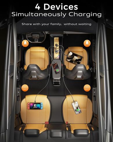 iPhone Car Charger, Retractable Fast USB C Phone Charger, 4 in 1 Cigarette Lighter Adapter with 2 Cables 30 Inch and 2 USB Ports, Multi Port USB Car Charging for iPhone 16/15/14/13/Pro Max in Kuwait