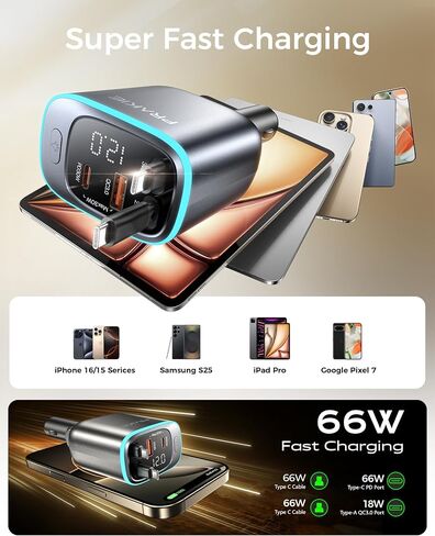 iPhone Car Charger, Retractable Fast USB C Phone Charger, 4 in 1 Cigarette Lighter Adapter with 2 Cables 30 Inch and 2 USB Ports, Multi Port USB Car Charging for iPhone 16/15/14/13/Pro Max in Kuwait