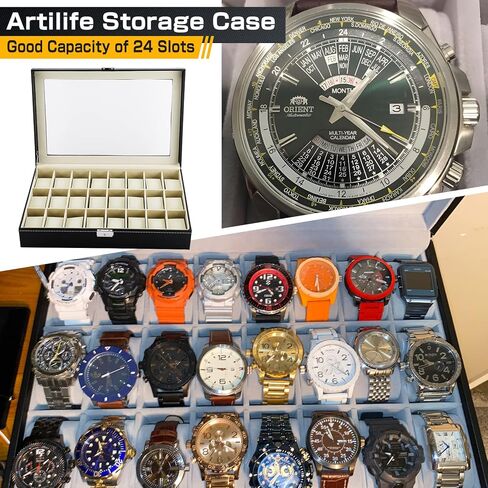 Artilife 24 Slot Watch Box for Men,Watch Cases for Men,Watch Display Case,Glass Top,PU Leather Display Storage Collection Organizer Jewelry Case Watch Organizer with Removable Pillows Black in Kuwait