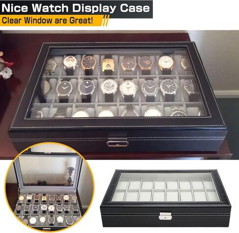 Artilife 24 Slot Watch Box for Men,Watch Cases for Men,Watch Display Case,Glass Top,PU Leather Display Storage Collection Organizer Jewelry Case Watch Organizer with Removable Pillows Black in Kuwait