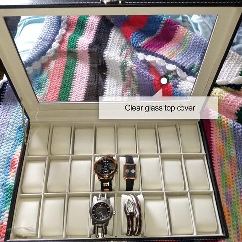 Artilife 24 Slot Watch Box for Men,Watch Cases for Men,Watch Display Case,Glass Top,PU Leather Display Storage Collection Organizer Jewelry Case Watch Organizer with Removable Pillows Black in Kuwait