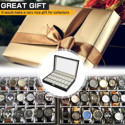 Artilife 24 Slot Watch Box for Men,Watch Cases for Men,Watch Display Case,Glass Top,PU Leather Display Storage Collection Organizer Jewelry Case Watch Organizer with Removable Pillows Black in Kuwait