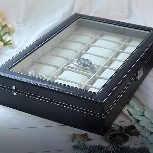 Artilife 24 Slot Watch Box for Men,Watch Cases for Men,Watch Display Case,Glass Top,PU Leather Display Storage Collection Organizer Jewelry Case Watch Organizer with Removable Pillows Black in Kuwait
