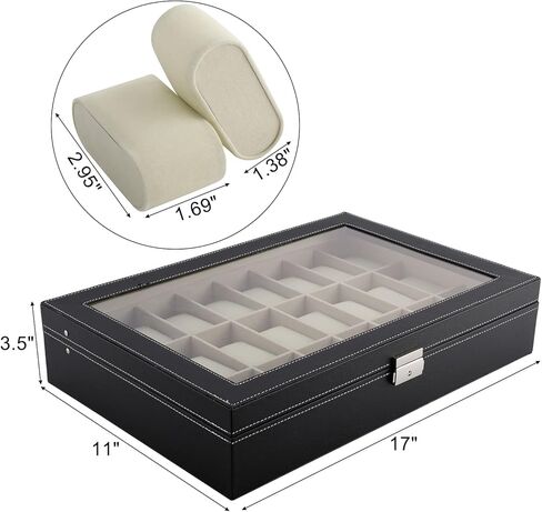 Artilife 24 Slot Watch Box for Men,Watch Cases for Men,Watch Display Case,Glass Top,PU Leather Display Storage Collection Organizer Jewelry Case Watch Organizer with Removable Pillows Black in Kuwait
