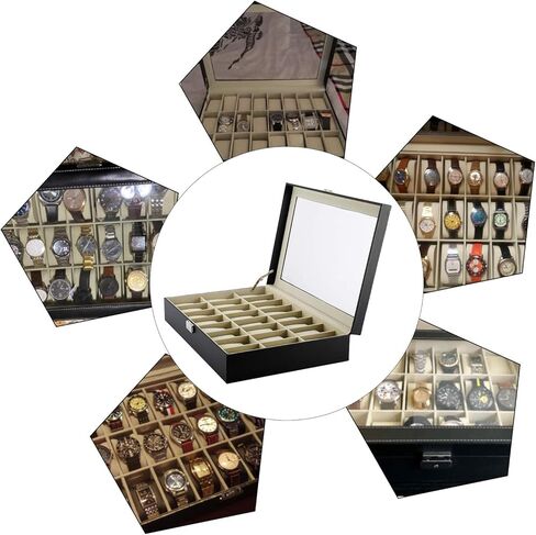 Artilife 24 Slot Watch Box for Men,Watch Cases for Men,Watch Display Case,Glass Top,PU Leather Display Storage Collection Organizer Jewelry Case Watch Organizer with Removable Pillows Black in Kuwait