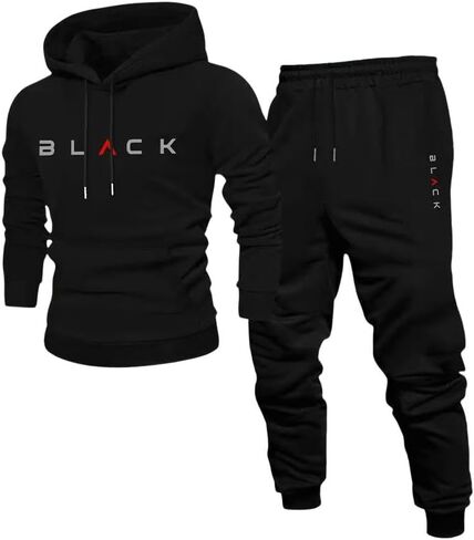 Black Athletic Tracksuit Set, Men's 2 Piece Hooded Sweatshirt and Jogger Pants, Casual Sport Workout Outfit in Saudi Arabia