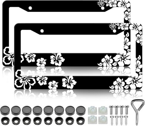 LIN KANG Hibiscus Flower License Plate Frames - 2 Pack Hawiian Tropical Floral Aluminum Metal License Plate Holder Covers,Rust-Proof Waterproof Car Decorative Tag Frames for Standard US 12x6 Inch in Saudi Arabia