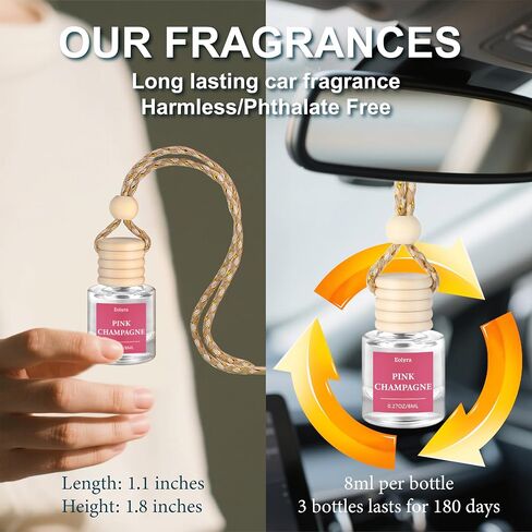 معطر هواء معلق للسيارة (عبوة من 3 قطع): عطر سيارة فاخر للنساء والرجال | زجاجة لطيفة وقابلة لإعادة الاستخدام مع موزع زيت عطري يدوم لأكثر من 45 يومًا، لون الشمبانيا الوردي in Kuwait