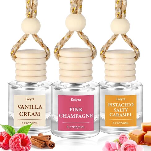 معطر هواء معلق للسيارة (عبوة من 3 قطع): عطر سيارة فاخر للنساء والرجال | زجاجة لطيفة وقابلة لإعادة الاستخدام مع موزع زيت عطري يدوم لأكثر من 45 يومًا، لون الشمبانيا الوردي in Saudi Arabia