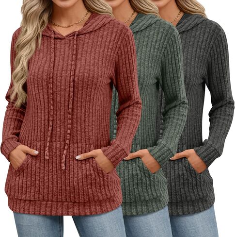 3 Pack Women's Long Sleeve Hoodie Sweaters, Kangaroo Pocket Shirts Loose Knit Tops Drawstring Pullover Sweatshirts in Saudi Arabia