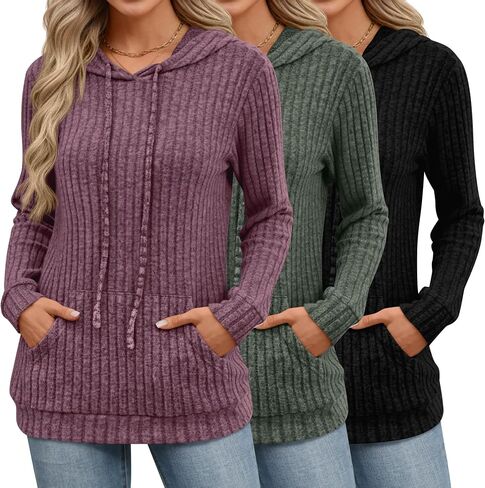 3 Pack Women's Long Sleeve Hoodie Sweaters, Kangaroo Pocket Shirts Loose Knit Tops Drawstring Pullover Sweatshirts in Saudi Arabia