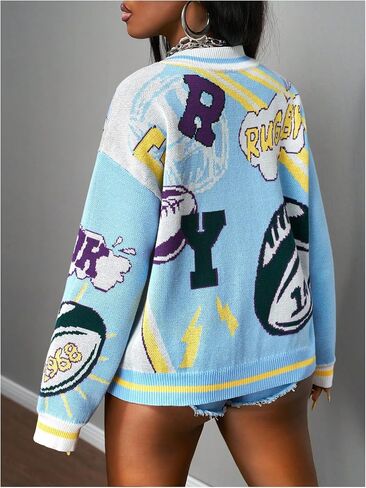 Women's Graphic Cardigan Y2k Button Down Long Sleeve Knit Sweaters Loose Outerwear in Saudi Arabia