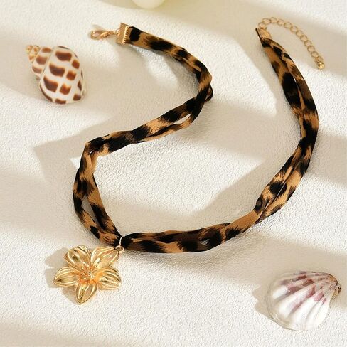 Scarf Necklace with Charm for Women Boho Scarf Charm Necklace Cross Conch Flower Leopard Choker Necklaces Trendy Summer Jewelry Gifts for Women in Saudi Arabia