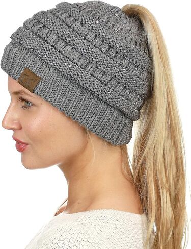 C.C BeanieTail Sparkly Sequin Cable Knit Messy High Bun Ponytail Beanie Hat in Saudi Arabia