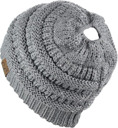 C.C BeanieTail Sparkly Sequin Cable Knit Messy High Bun Ponytail Beanie Hat in Saudi Arabia