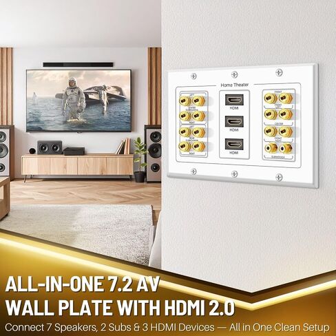 TNP Home Theater Wall Plate - 3-Gang 7.2 Surround Sound Distribution w/Premium Gold Plated Copper Banana Binding Post Coupler for 7 Speakers, 2 RCA Jack for Subwoofer, 3 HDMI Port for UHD 4K HD 1080P in Saudi Arabia