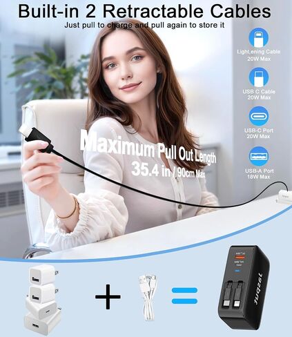 4 in 1 Retractable Wall Charger with Dual Cables, 40W Fast Retractable Charger with QC 18W USB and PD 20W Type C Port, Retractable Phone Charger Wall Plug for iPhone 16/15/14/13, LG, Galaxy, Pixel in Kuwait