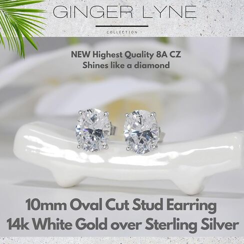 Faux Diamond Stud Earrings For Women 10mm Oval Cut 14k Gold Plated Sterling Silver 5ct Cubic Zirconia Earring Studs for Her by Ginger Lyne Pierced Jewelry For Her in Saudi Arabia