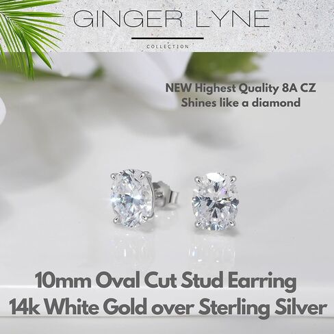 Faux Diamond Stud Earrings For Women 10mm Oval Cut 14k Gold Plated Sterling Silver 5ct Cubic Zirconia Earring Studs for Her by Ginger Lyne Pierced Jewelry For Her in Saudi Arabia