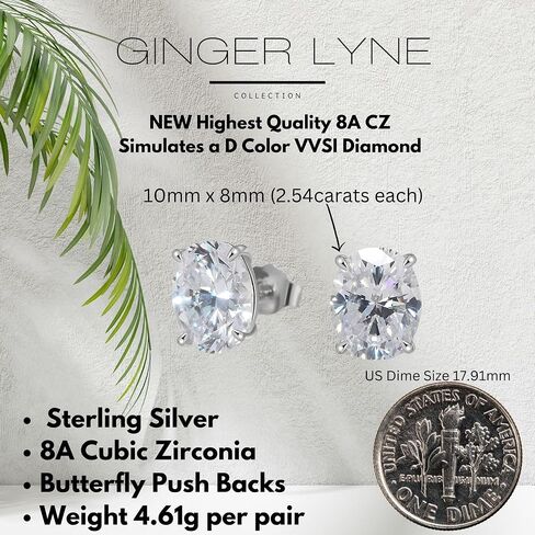 Faux Diamond Stud Earrings For Women 10mm Oval Cut 14k Gold Plated Sterling Silver 5ct Cubic Zirconia Earring Studs for Her by Ginger Lyne Pierced Jewelry For Her in Saudi Arabia