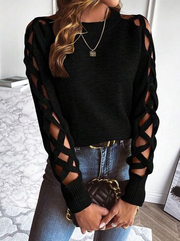 Women's Elegant Black Off-Shoulder Cross-Lace Knit Sweater in Kuwait