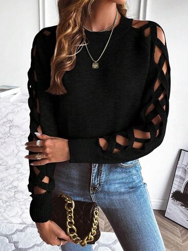 Women's Elegant Black Off-Shoulder Cross-Lace Knit Sweater in Kuwait