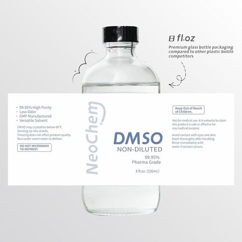 ثنائي ميثيل سلفوكسيد (DMSO) سائل نقي بنسبة 99.95% |8 أونصة. DMSO فارما الصف غير المخفف | غير مخفف وعديم الرائحة، موجود في زجاجة زجاجية فاخرة in Kuwait