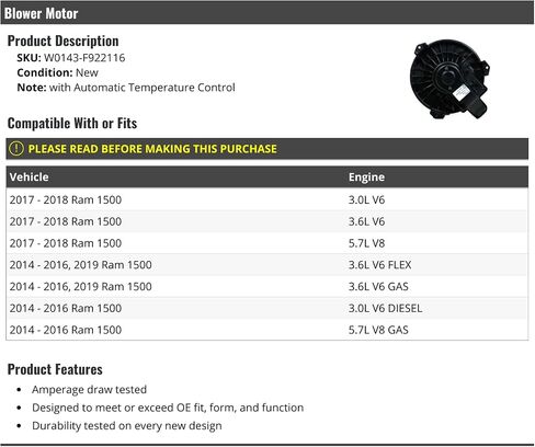 محرك منفاخ - متوافق مع 2014-2019 Ram 1500 (مع التحكم التلقائي في درجة الحرارة) in Saudi Arabia