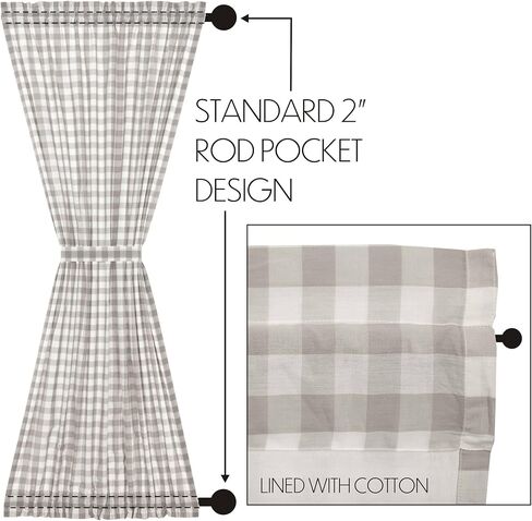 VHC العلامات التجارية Annie Buffalo Check Cotton Farmhouse Curtains Rod Pocket Tie Back (s) لوحة الباب، 72x40، رمادي in Kuwait