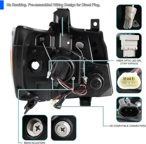 SPEC-D TUNING Jet Black DRL LED Strip Projector Headlights Compatible with 2007-2014 Chevy Avalanche, Tahoe, Suburban 1500 2500, Left + Right Pair Headlamps Assembly in Saudi Arabia