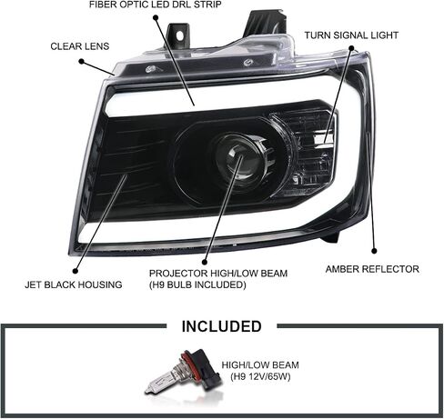 SPEC-D TUNING Jet Black DRL LED Strip Projector Headlights Compatible with 2007-2014 Chevy Avalanche, Tahoe, Suburban 1500 2500, Left + Right Pair Headlamps Assembly in Saudi Arabia