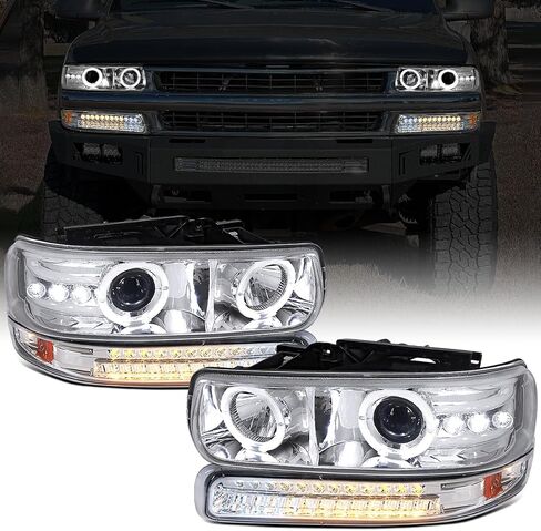 Ronnin - Fits 1999-2002 Silverado 2000-2006 Suburban Tahoe LED Dual Halo Rims Running Lights Projector Headlights + Full LED Bumper Lamps Assembly Pair | Black in Saudi Arabia