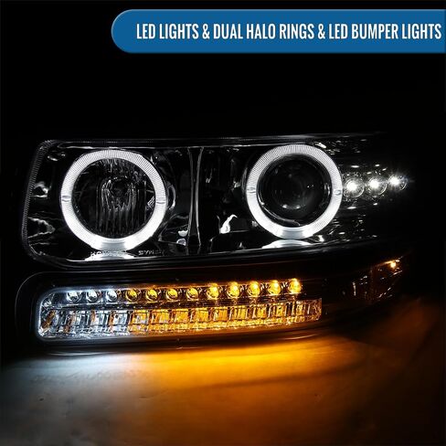 Ronnin - Fits 1999-2002 Silverado 2000-2006 Suburban Tahoe LED Dual Halo Rims Running Lights Projector Headlights + Full LED Bumper Lamps Assembly Pair | Black in Saudi Arabia