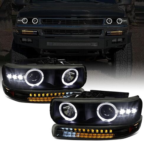 Ronnin - يناسب 1999-2002 Silverado 2000-2006 Suburban Tahoe LED بحواف هالة مزدوجة للتشغيل ومصابيح أمامية لجهاز العرض + زوج تجميع مصابيح ممتص الصدمات LED بالكامل | أسود in Kuwait