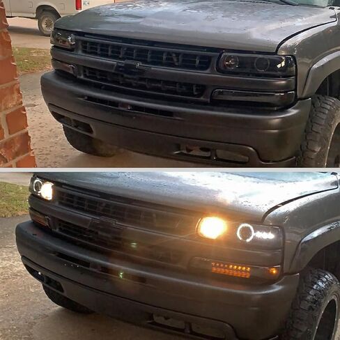Ronnin - يناسب 1999-2002 Silverado 2000-2006 Suburban Tahoe LED بحواف هالة مزدوجة للتشغيل ومصابيح أمامية لجهاز العرض + زوج تجميع مصابيح ممتص الصدمات LED بالكامل | أسود in Kuwait