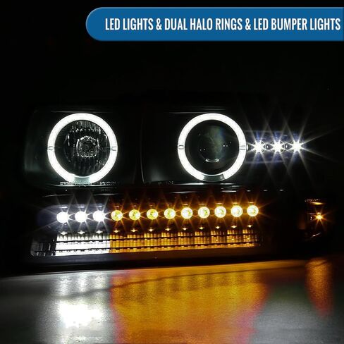 Ronnin - يناسب 1999-2002 Silverado 2000-2006 Suburban Tahoe LED بحواف هالة مزدوجة للتشغيل ومصابيح أمامية لجهاز العرض + زوج تجميع مصابيح ممتص الصدمات LED بالكامل | أسود in Kuwait
