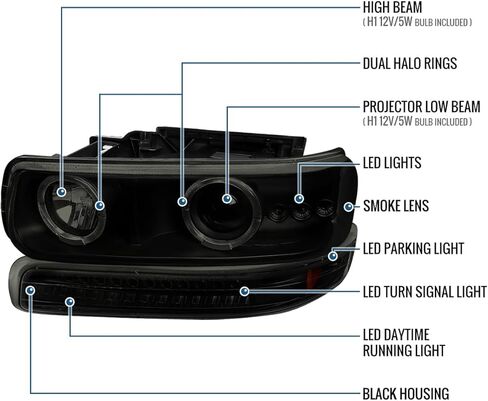 Ronnin - يناسب 1999-2002 Silverado 2000-2006 Suburban Tahoe LED بحواف هالة مزدوجة للتشغيل ومصابيح أمامية لجهاز العرض + زوج تجميع مصابيح ممتص الصدمات LED بالكامل | أسود in Kuwait