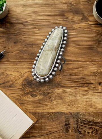 2.6" Long, Oversized White Turquoise Ring – Brass Dual Adjustable Band – Bold Western Cowgirl Style 750206 in Saudi Arabia